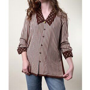 Vintage 100% Silk Button Down Long Tunic Top Blouse Print Oversized Relaxed Fit